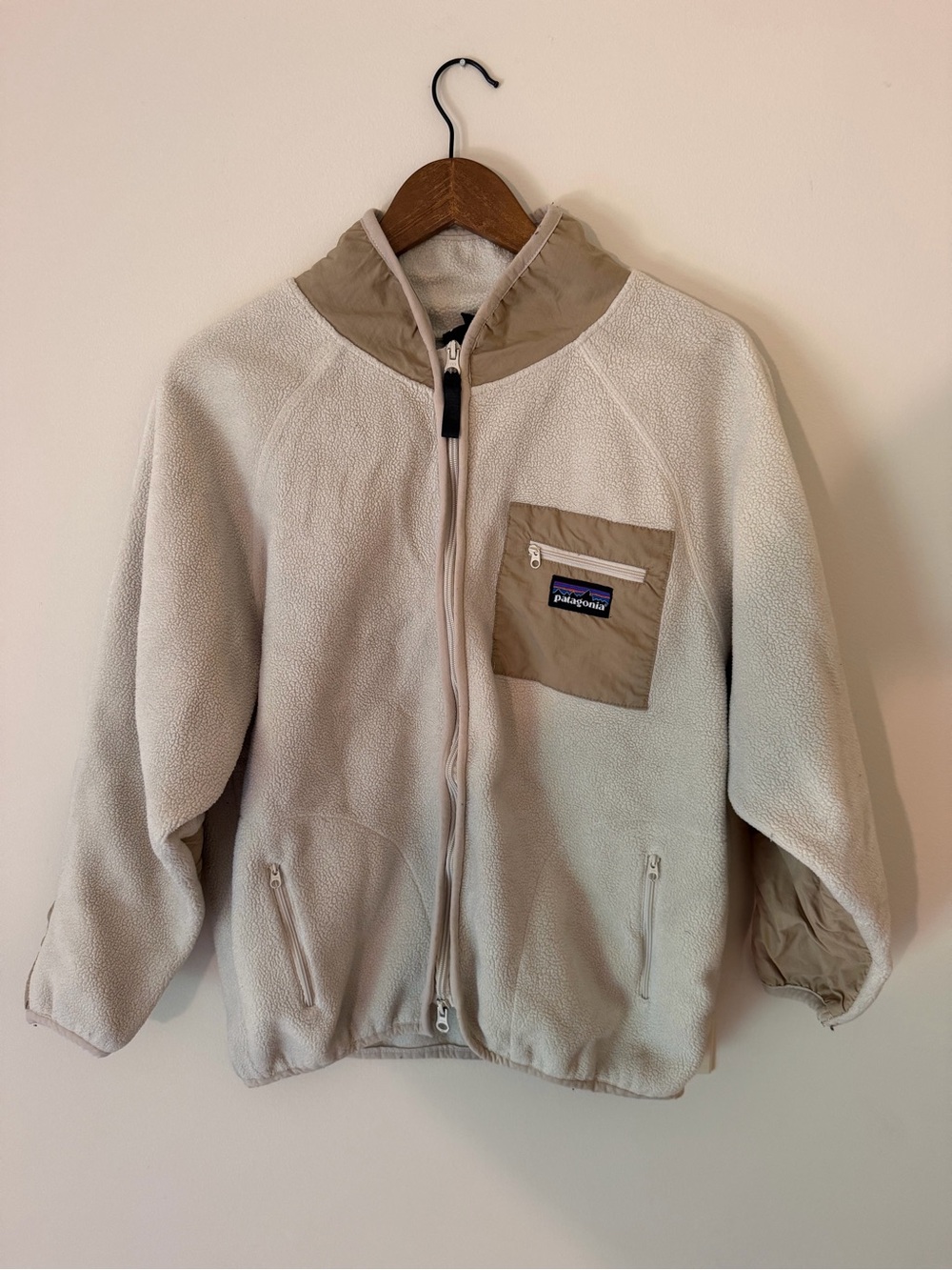 Women’s Patagonia Cream Fleece Utility Jacket with Tan Pocket & Collar, Size M